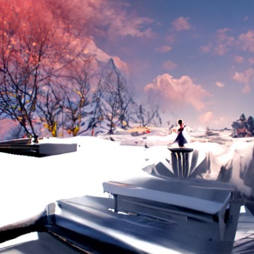 Woman Plays Piano in Winter Landscape: Fantasy Art