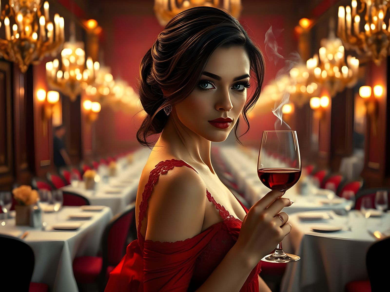 Elegant Woman in Red Evening Dress, Holding Wine and Cigaret...