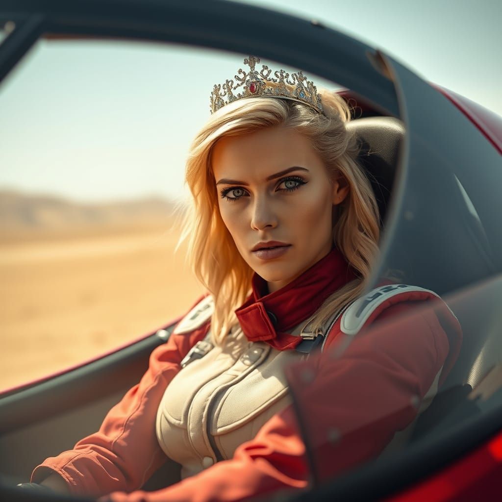 Regal Princess in Red Racing Car, Desert Landscape