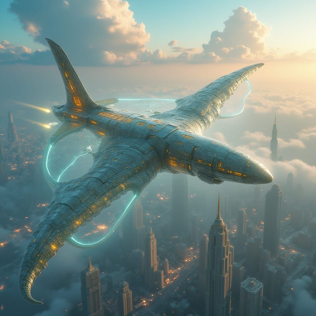 Eco-Friendly Airship Over Utopian City in Ghibli Style