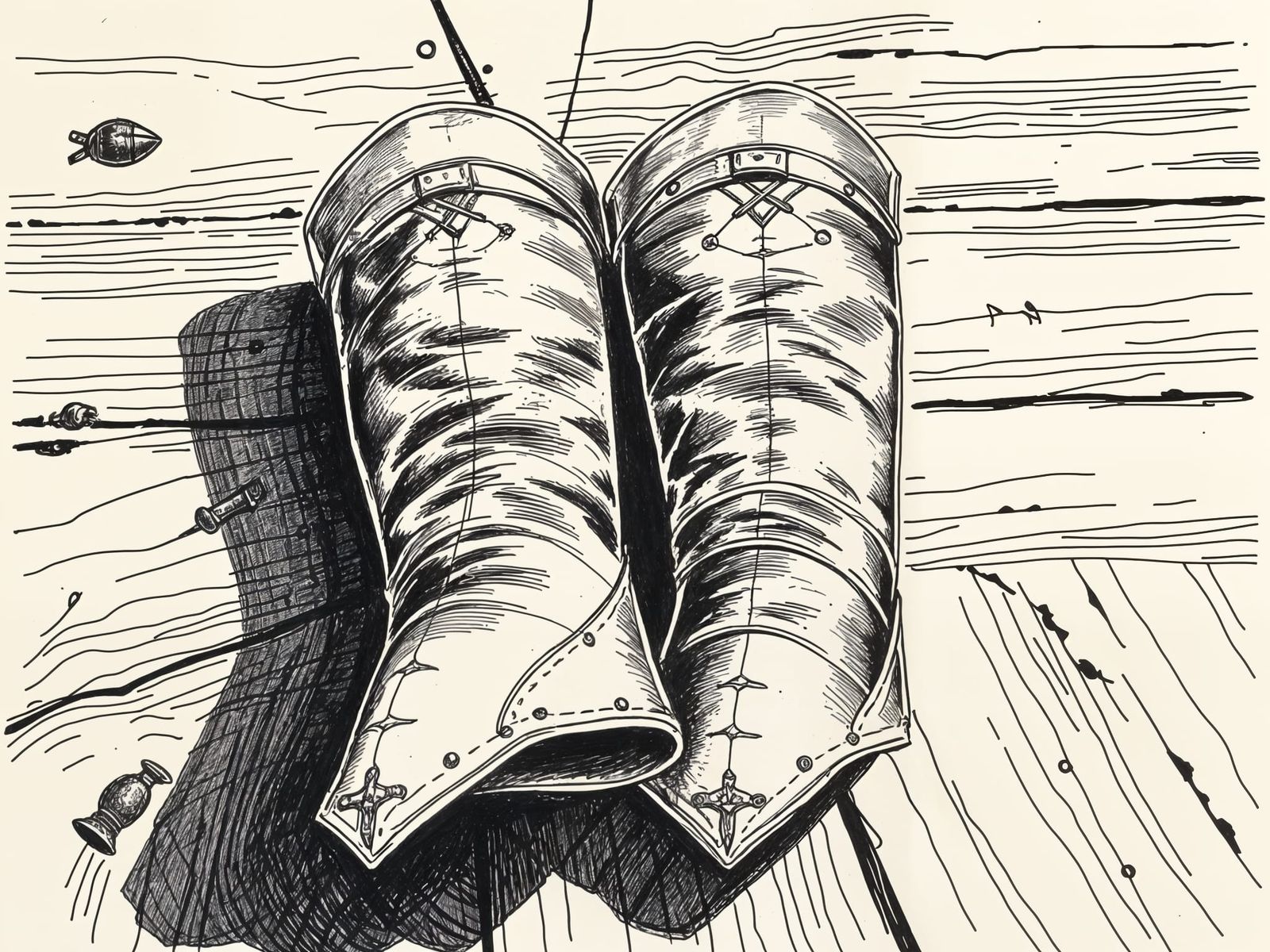 Sepia Ink Drawing of Medieval Leather Greaves