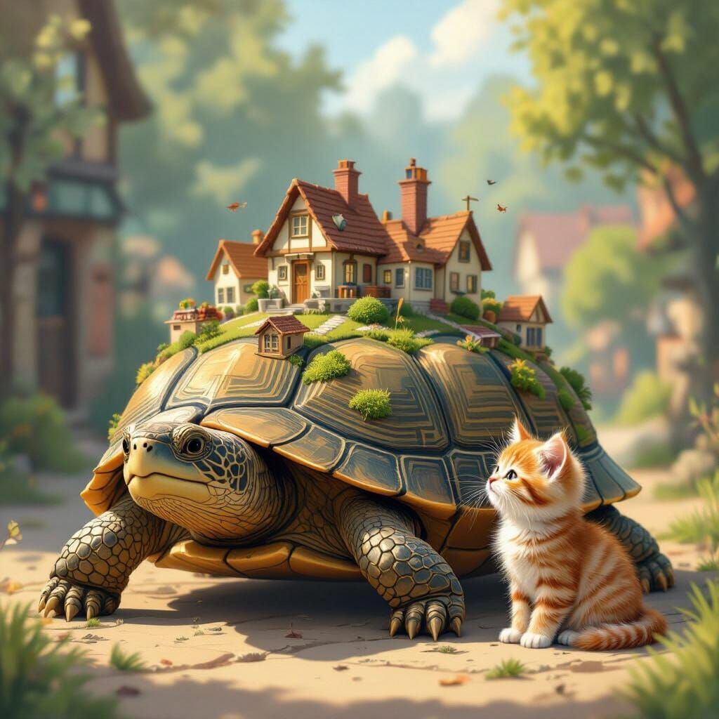 Turtle Cityscape with Kitten in Warm Afternoon Light