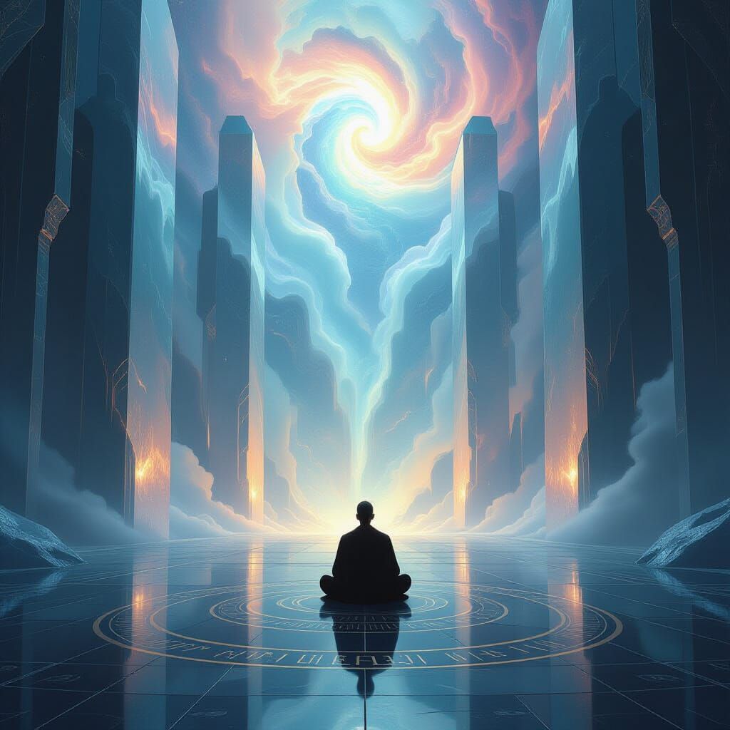Monk Meditating in Crystalline Temple Amidst Nebula