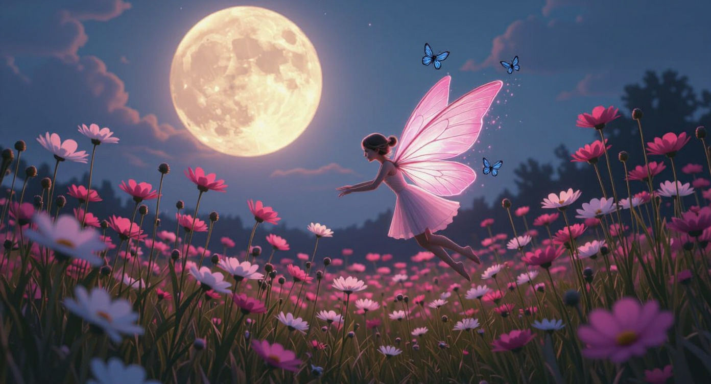 Bioluminescent Fairy in Moonlit Floral Field
