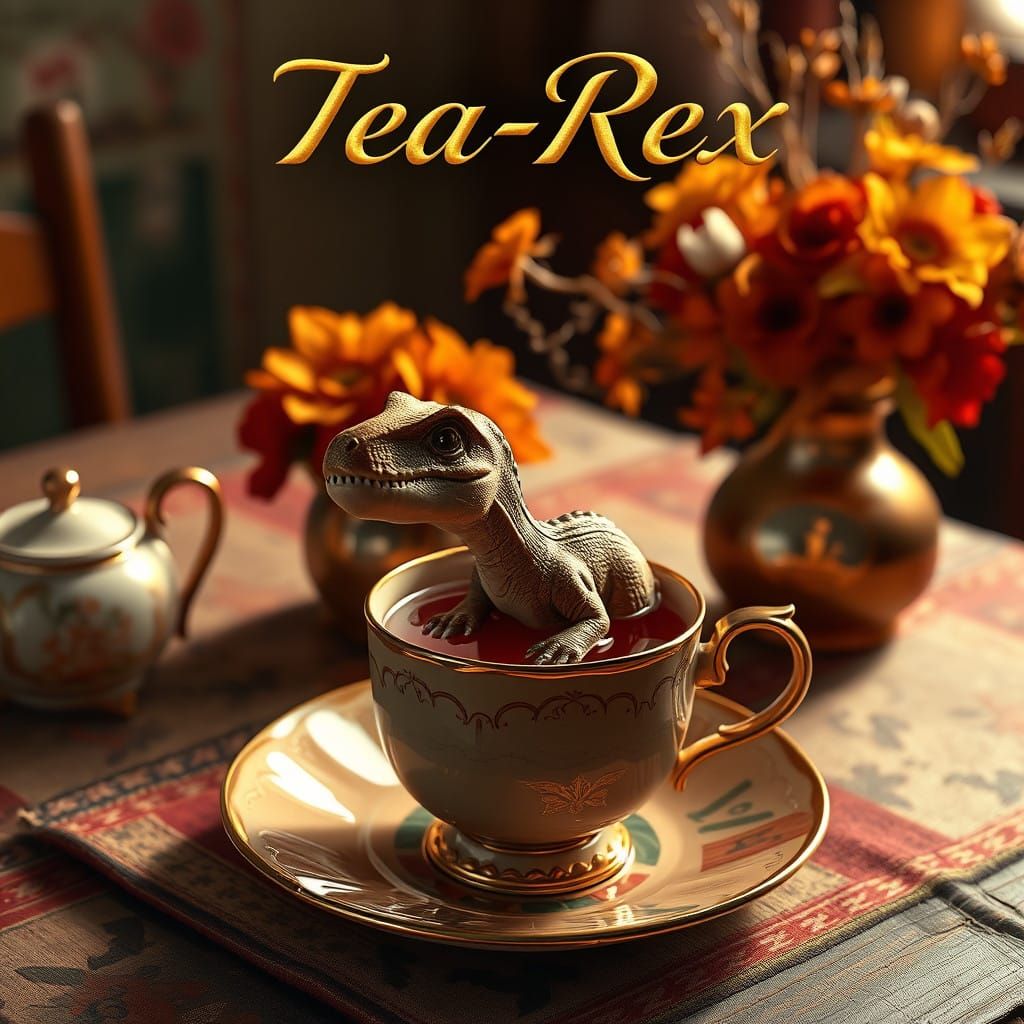 Elegant Tea Set with T-Rex on Rustic Wooden Table