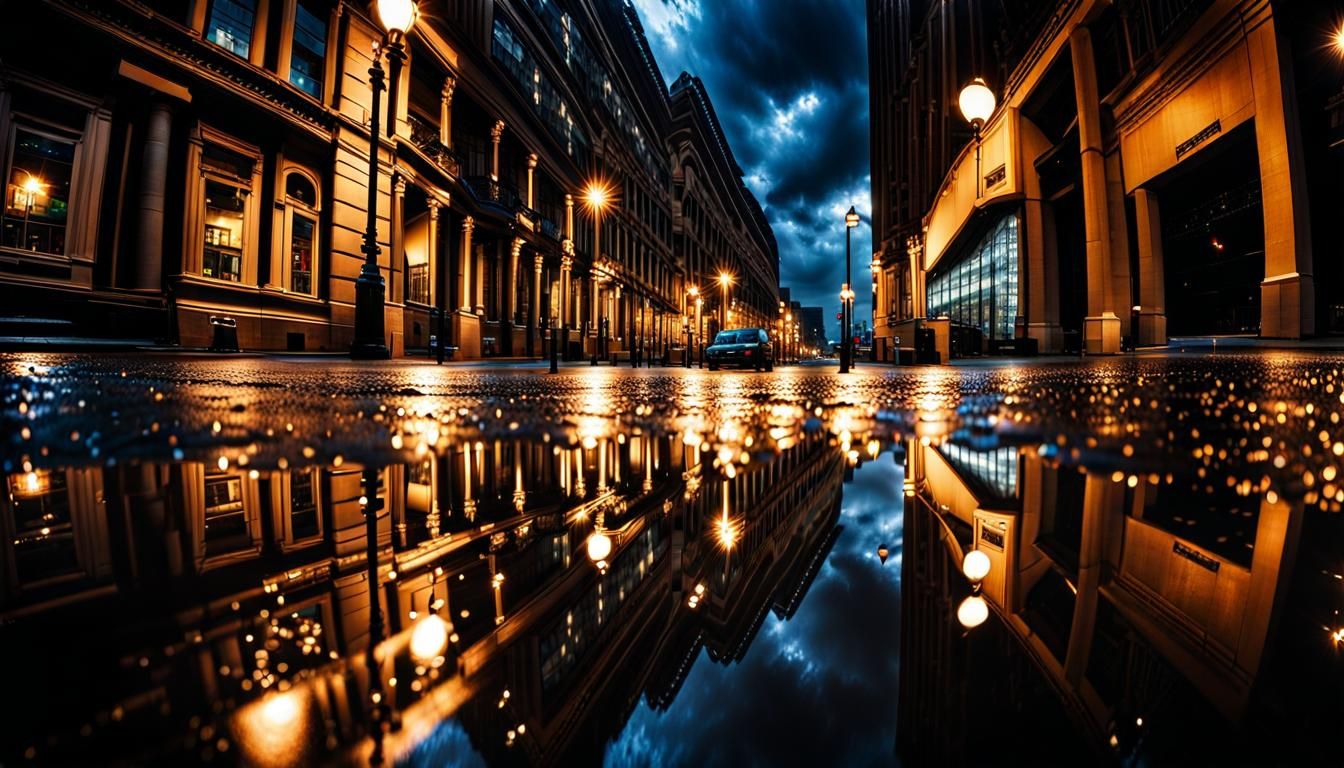 Rainy City Street Reflecting Lights in HDR