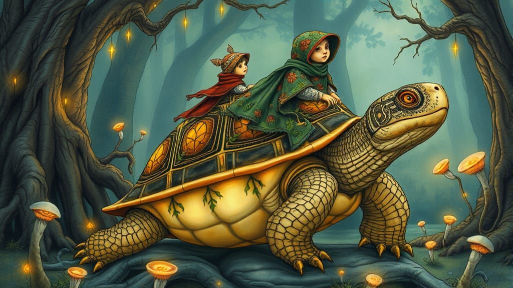 Singing Turtle and Child in Mystical Forest