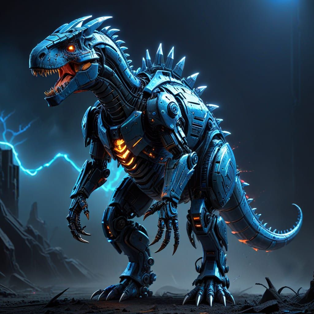 Robot Warrior Dinosaur Concept Art in Metallic Colors