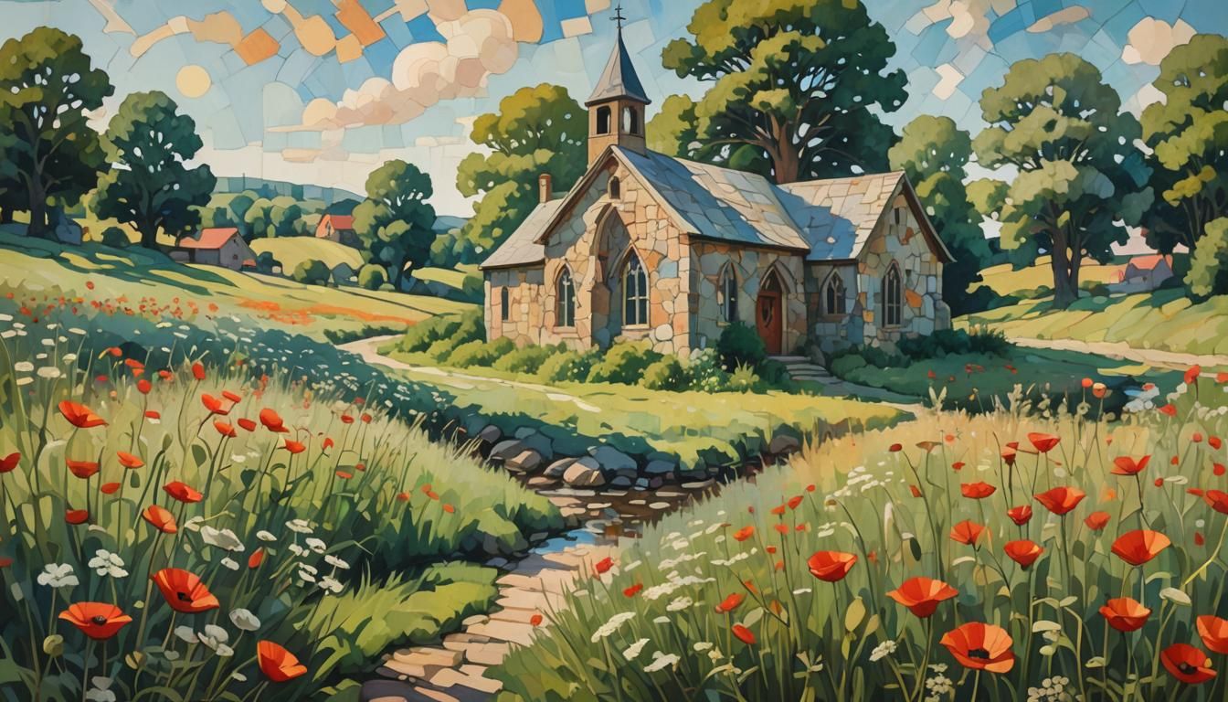 Abstract Expressionist Chapel Landscape with Fractal Details