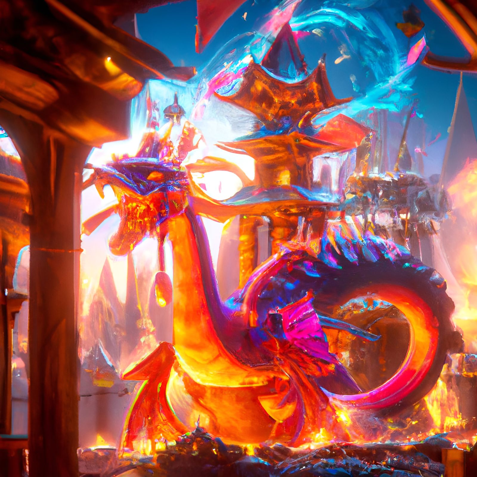 Colorful Castle with Fire Dragon: Digital Matte Painting