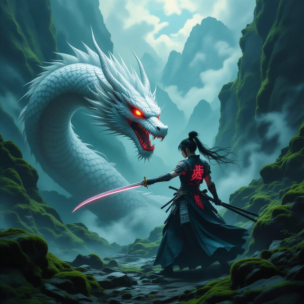 Gothic Japanese Warrior Battles Dragon in Mountain Valley