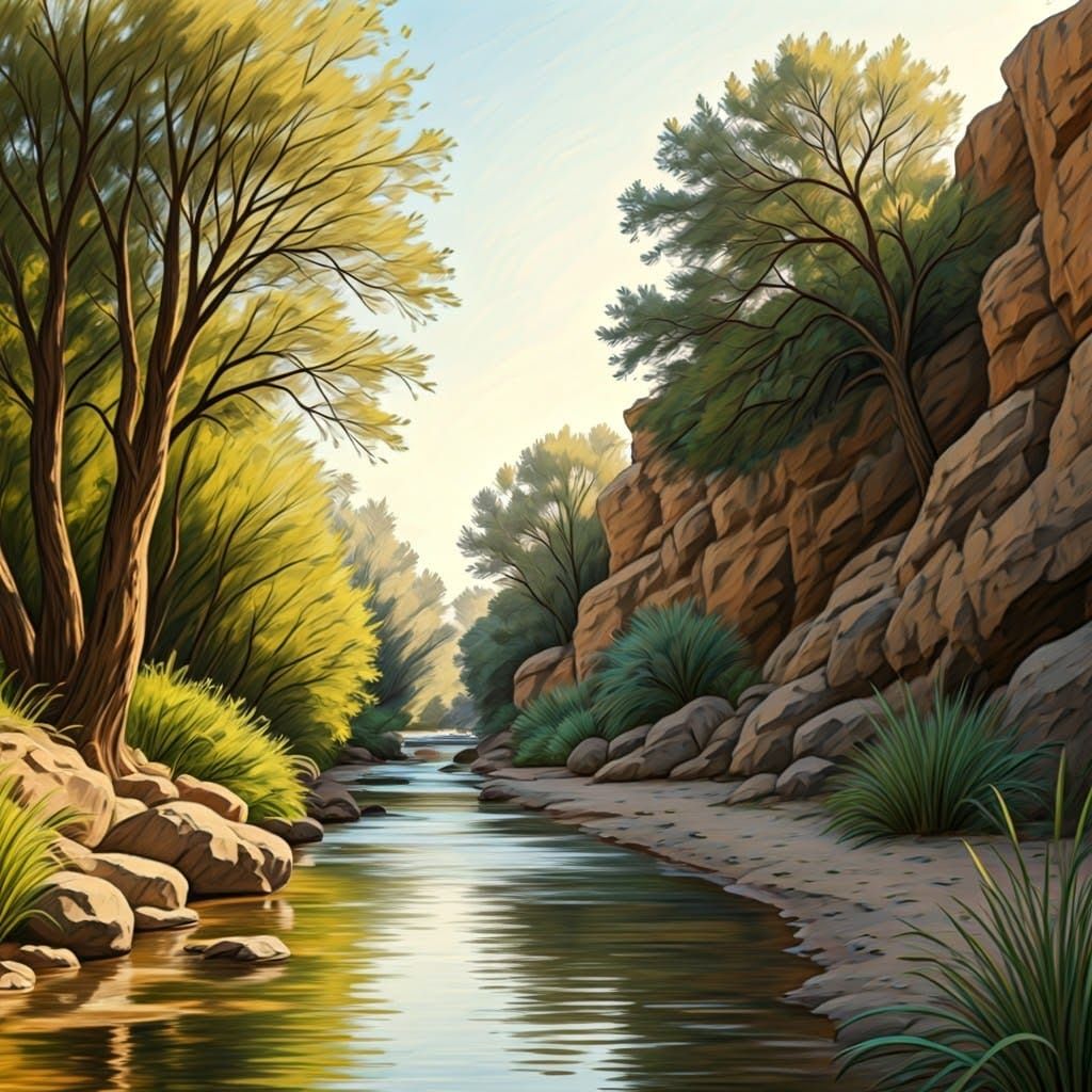 Banias Stream in Israel: Expressive Pencil Sketch