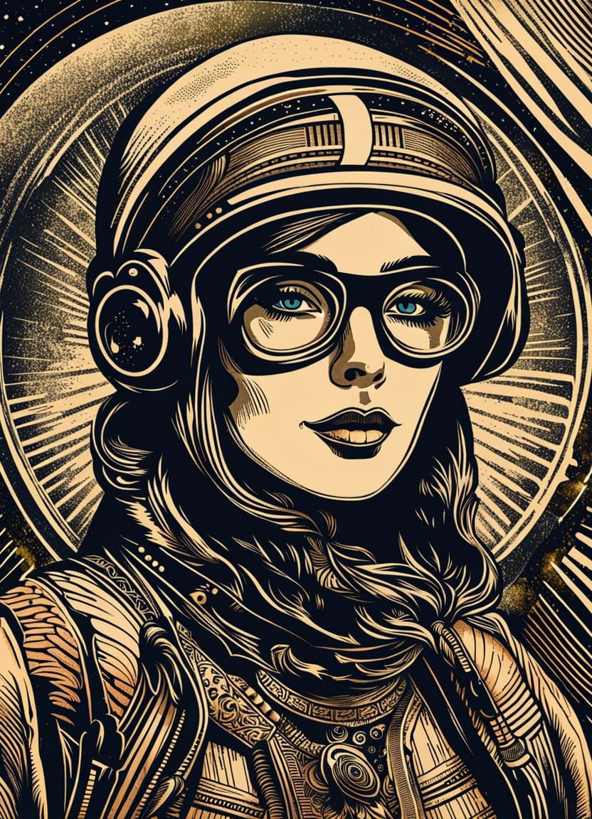 Hipster Woman Portrait in Retrofuturist Woodcut Style
