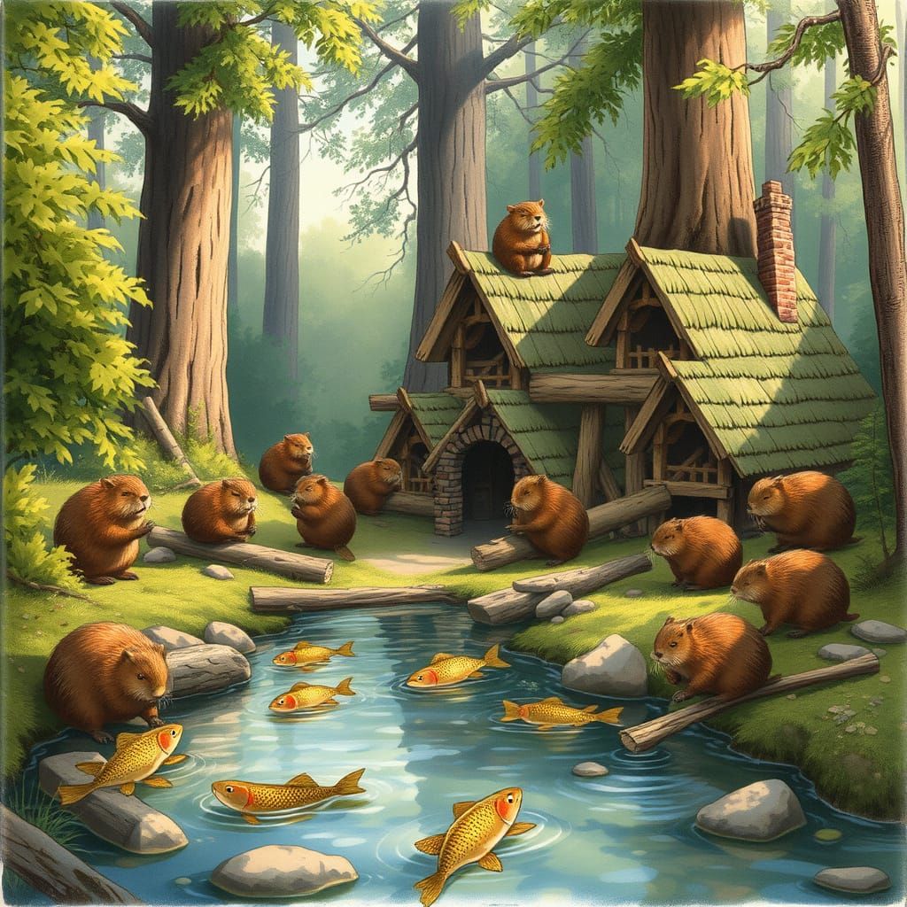 Beavers Build Mansions and Fish in Sun-Dappled Creek