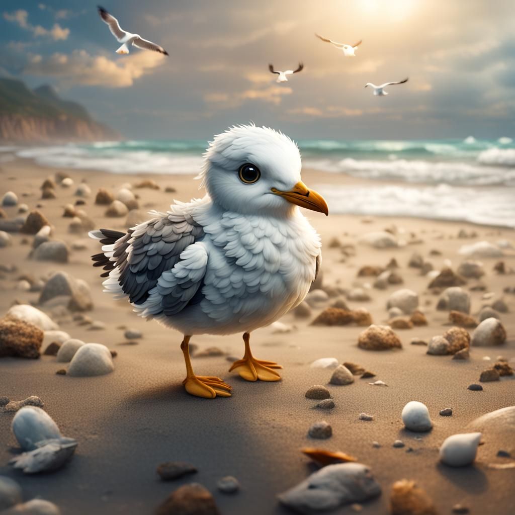 Adorable Chibi Seagull on the Beach: Digital Painting