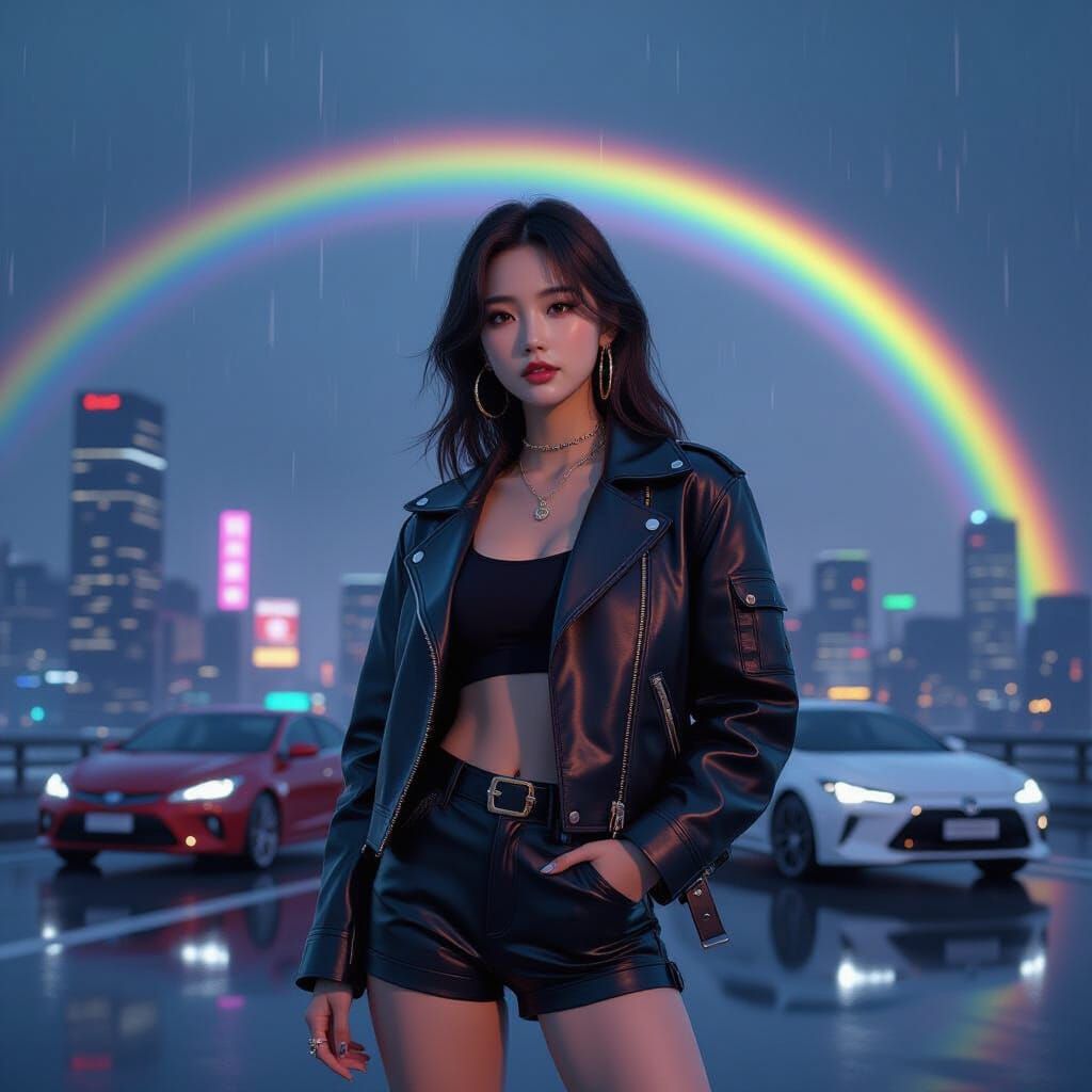 K-Pop Idol in Cityscape with Rainbows