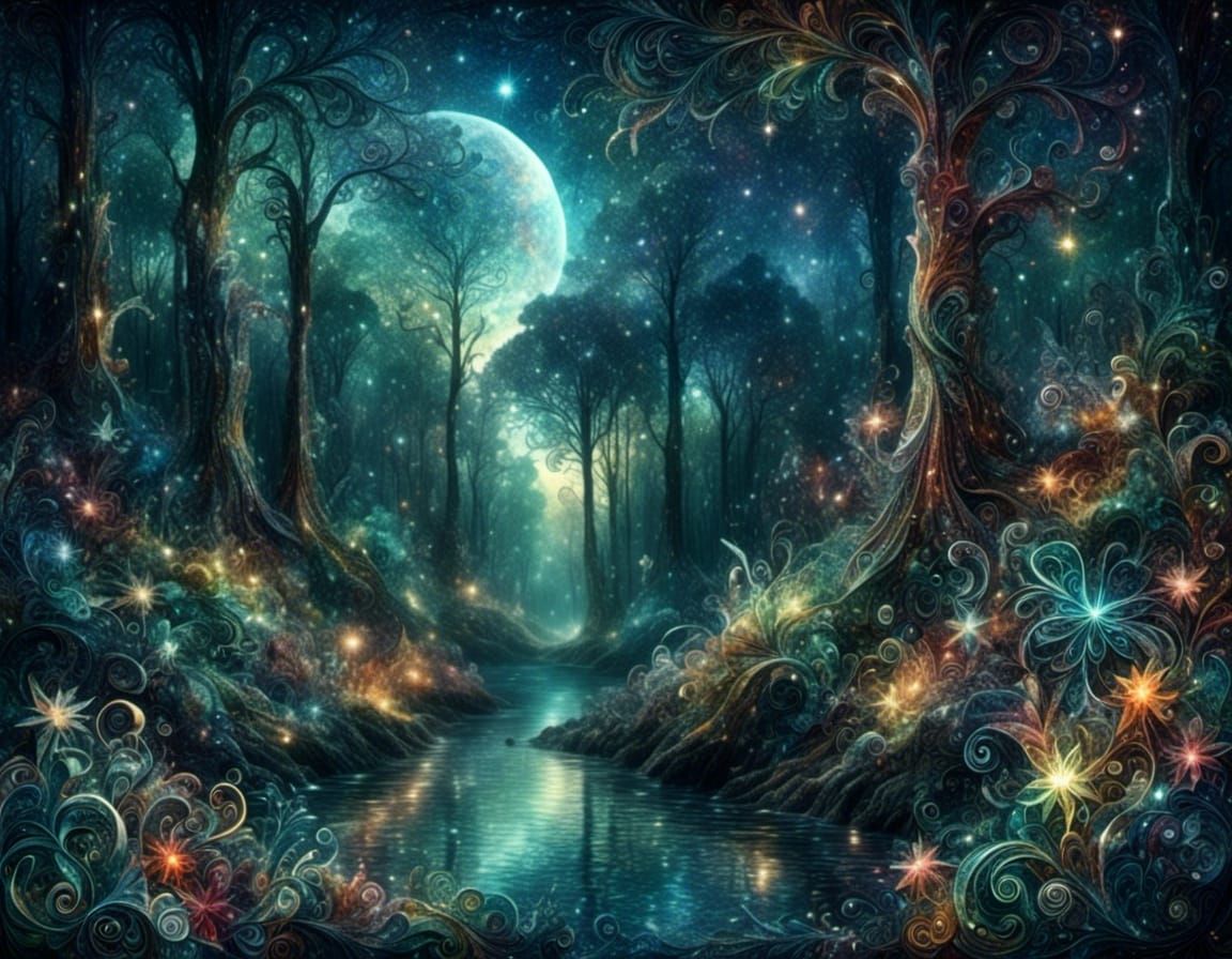 Rainbow Forest Landscape with Sparkling Stars