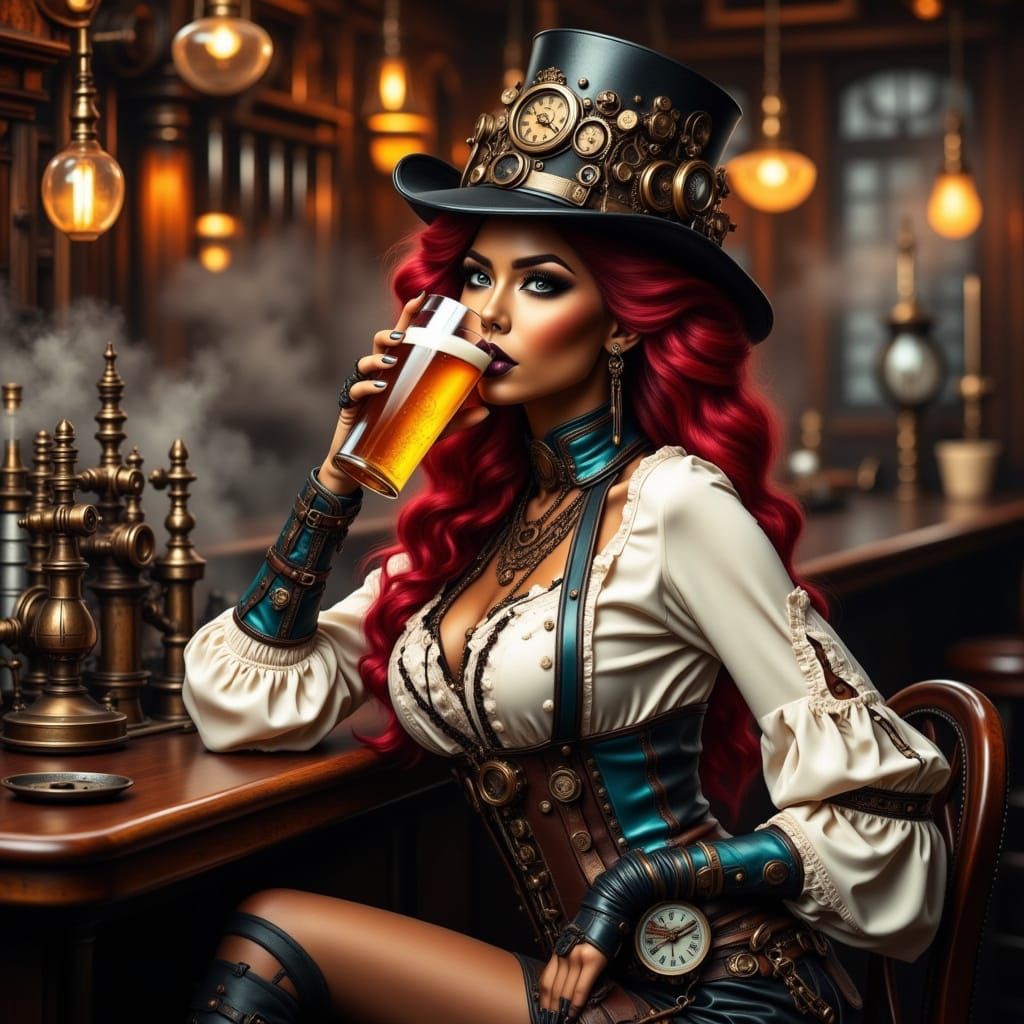Steampunk Woman in Bar with Intricate Details