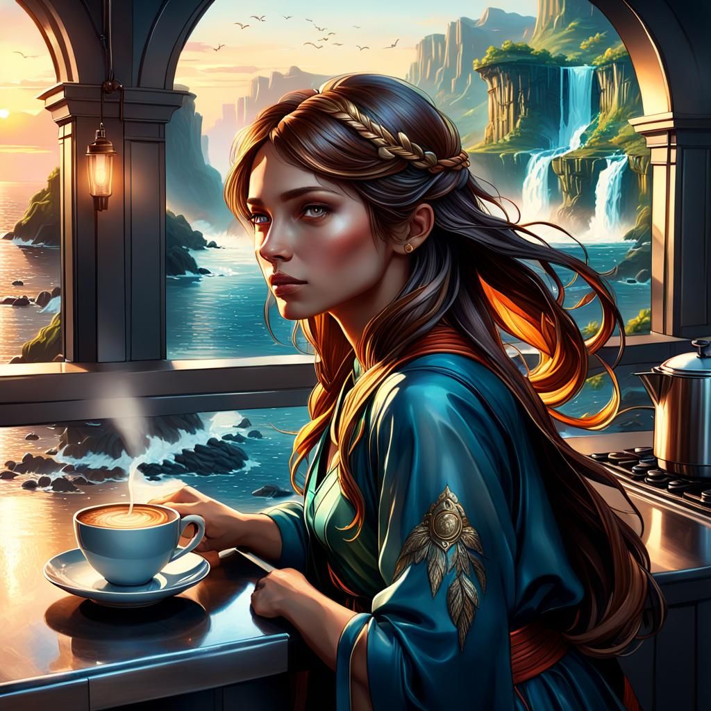 Luxury Kitchen View with Coffee at Sunrise