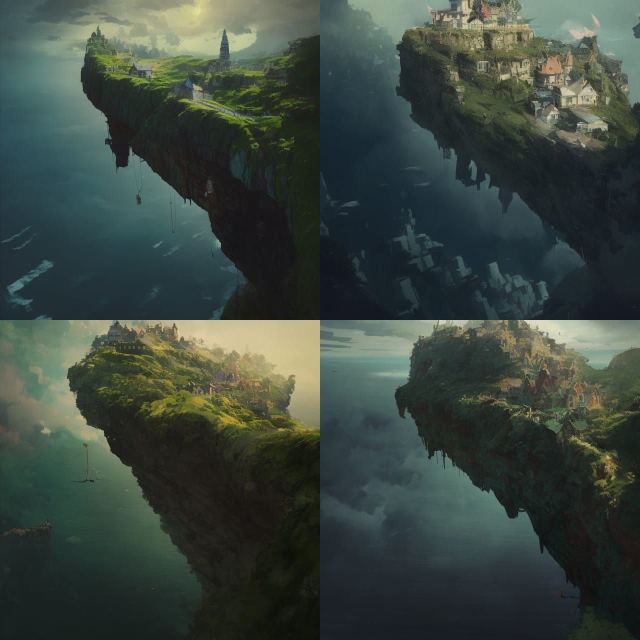 Victorian Village on Cliff, Ghibli-esque Art