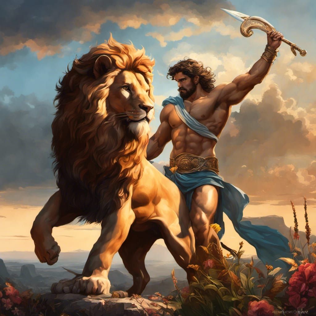 Hercules Fights Nemean Lion in Art Nouveau Style