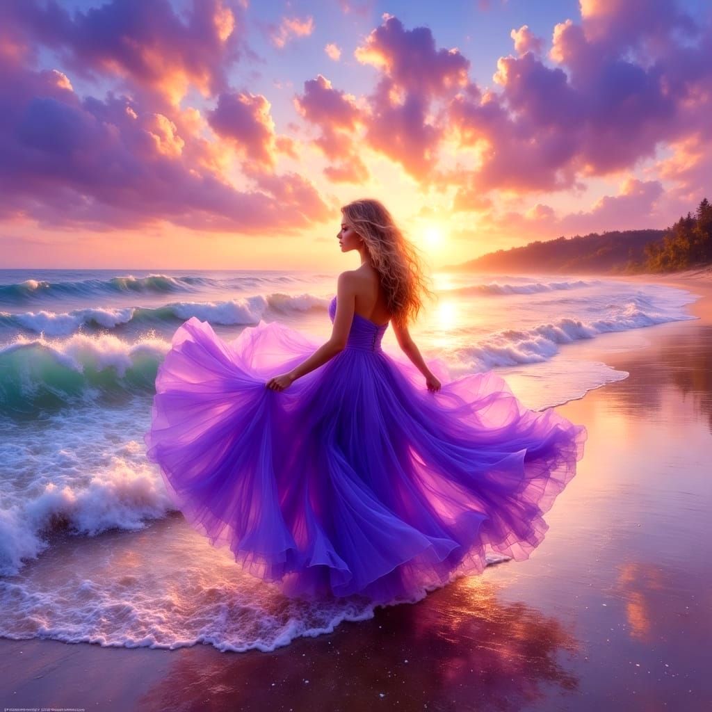 Goddess of Sunset Twirls in Vibrant Purple Hues
