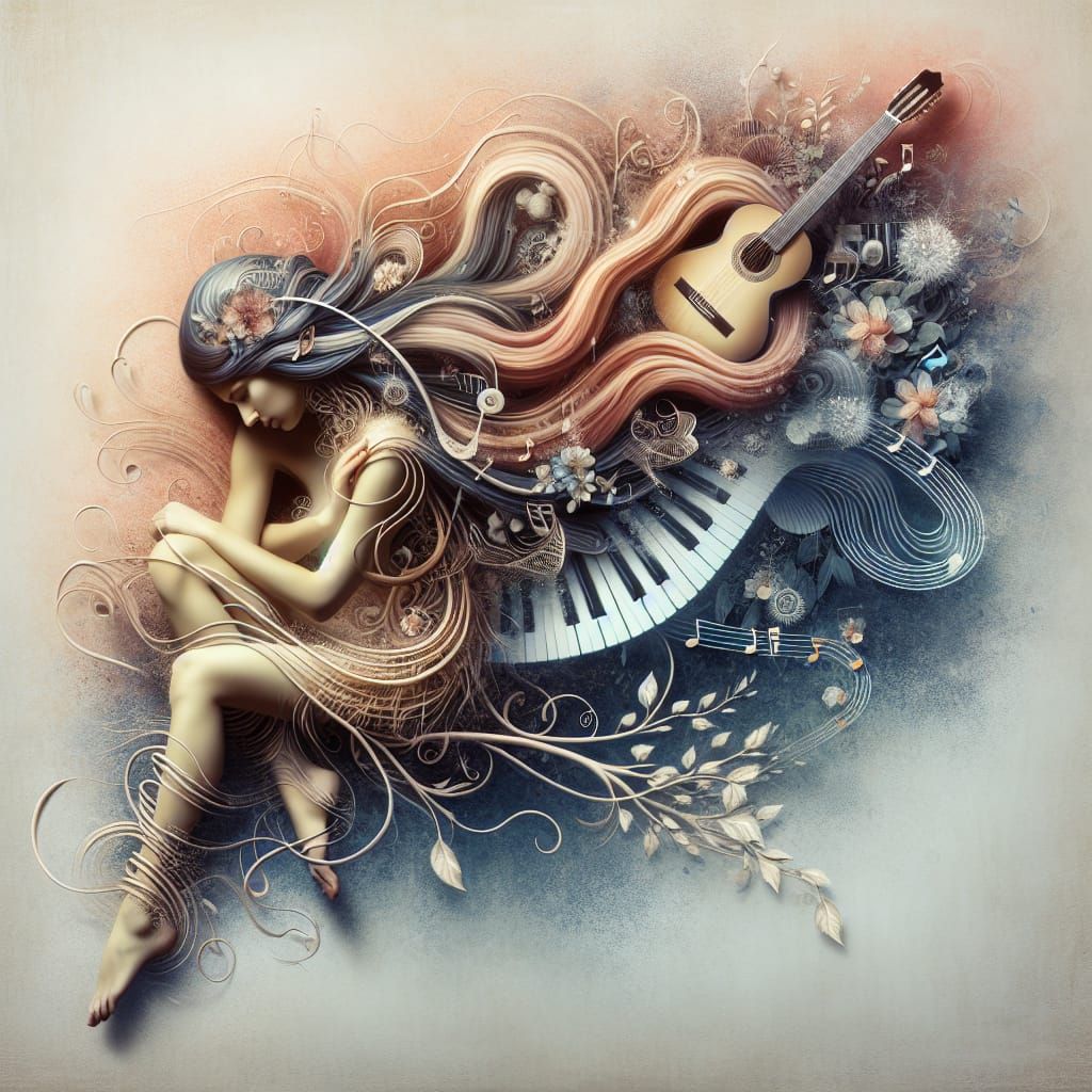 Ethereal Woman Intertwined with Music and Flowers