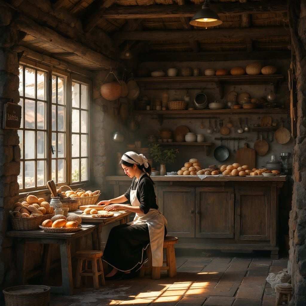 Thai Baker Shaping Dough in Rustic Bakery