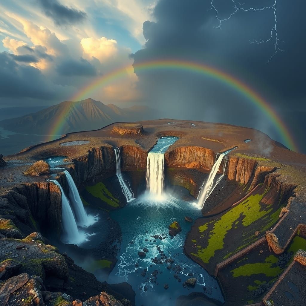 Volcano Crater with Waterfalls, Hyperrealistic HDR Rendering