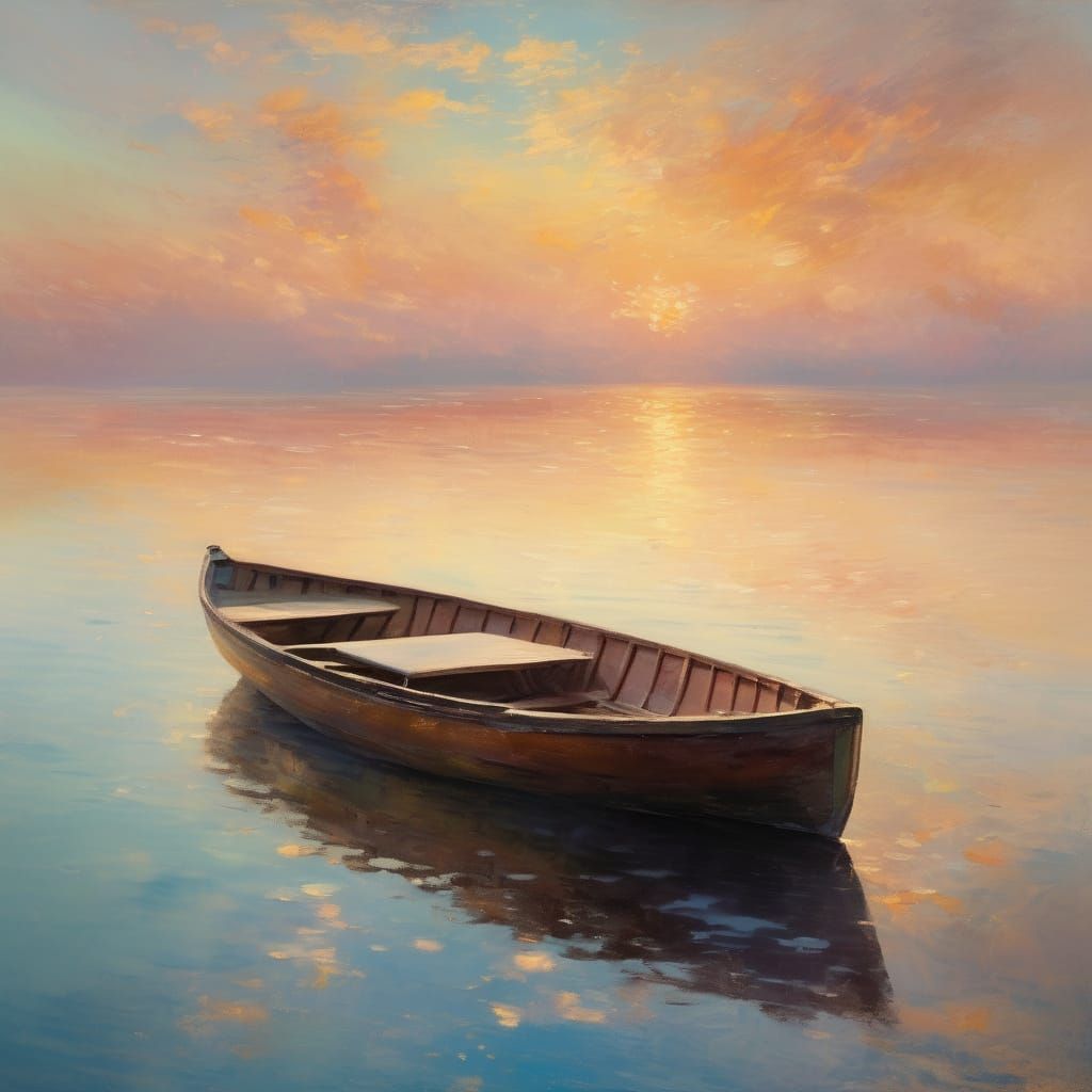 Impressionist Seascape at Sunset with Gentle Rowboat
