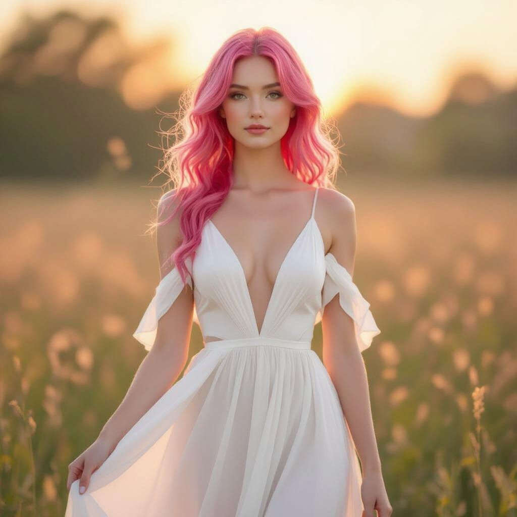 Ethereal Pink-Haired Woman in Flowing White Dress