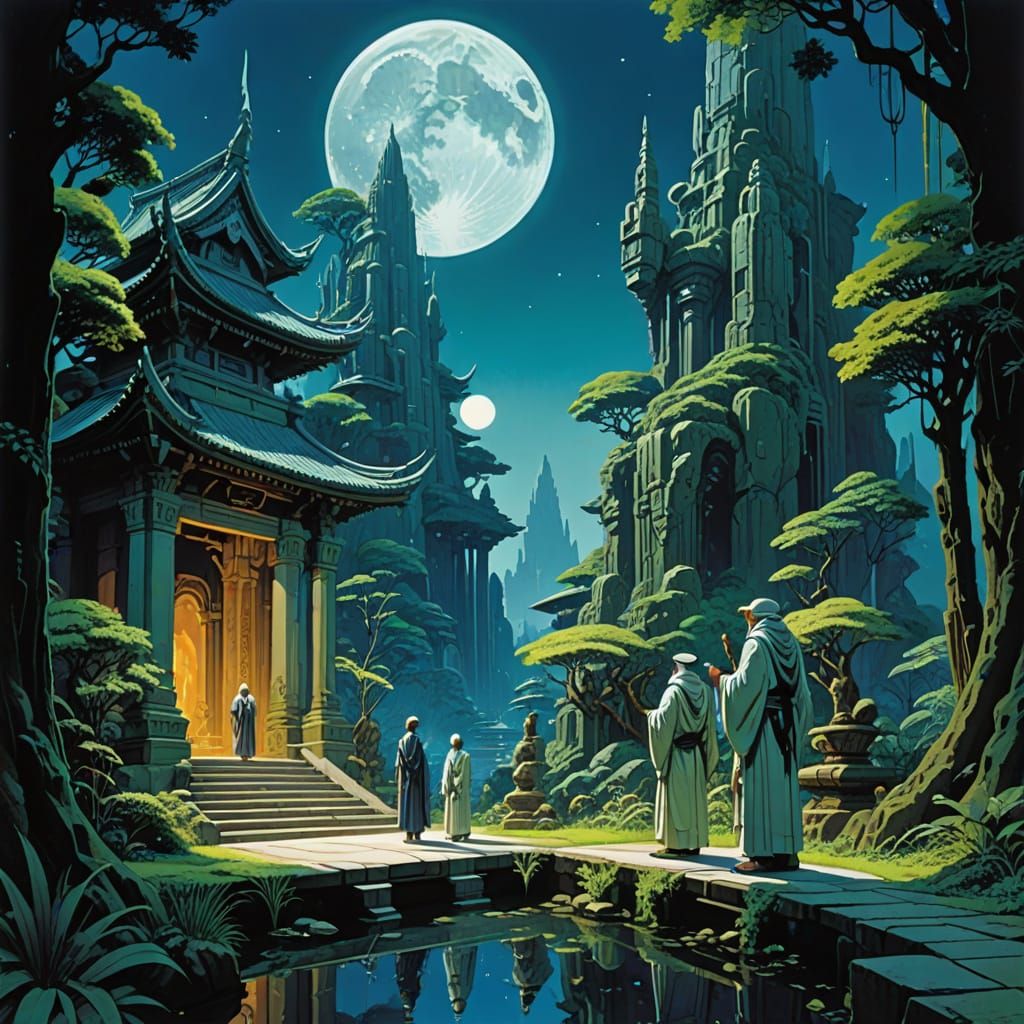 Druidic Figures in Lunar Gardens, Dreamlike 3D Render