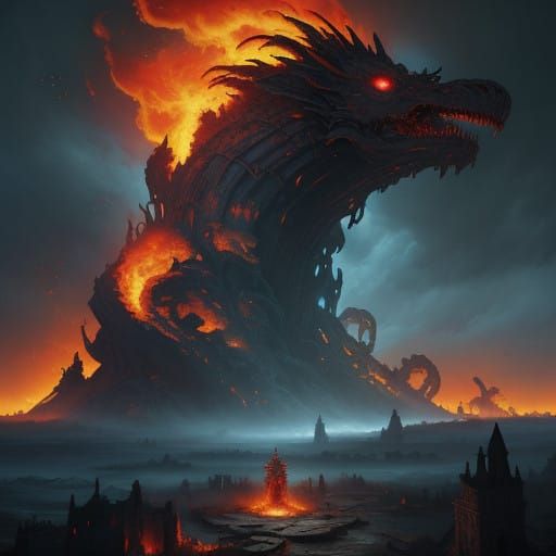 Fantastical Inferno on Ancient, Weathered Stone Structures i...