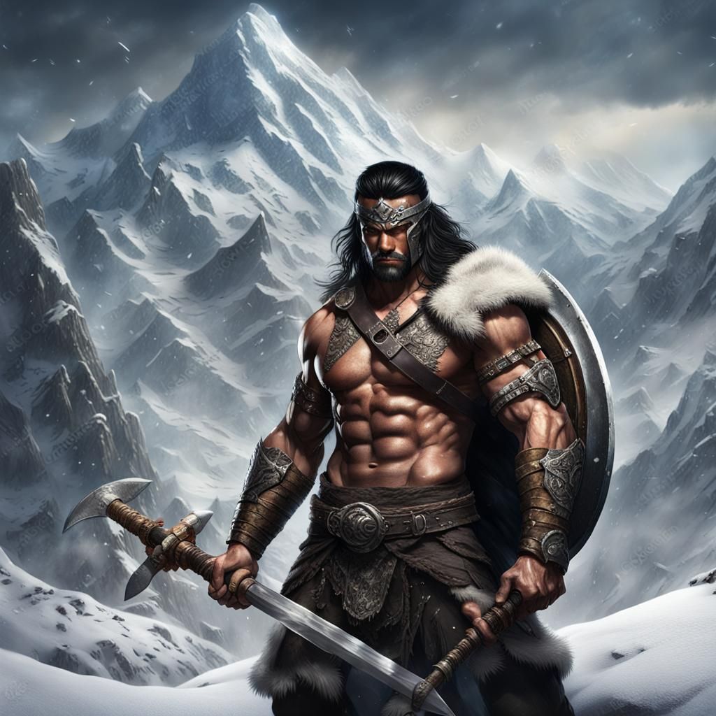 Muscular Barbarian Warrior in Snowy Mountains: Digital Art