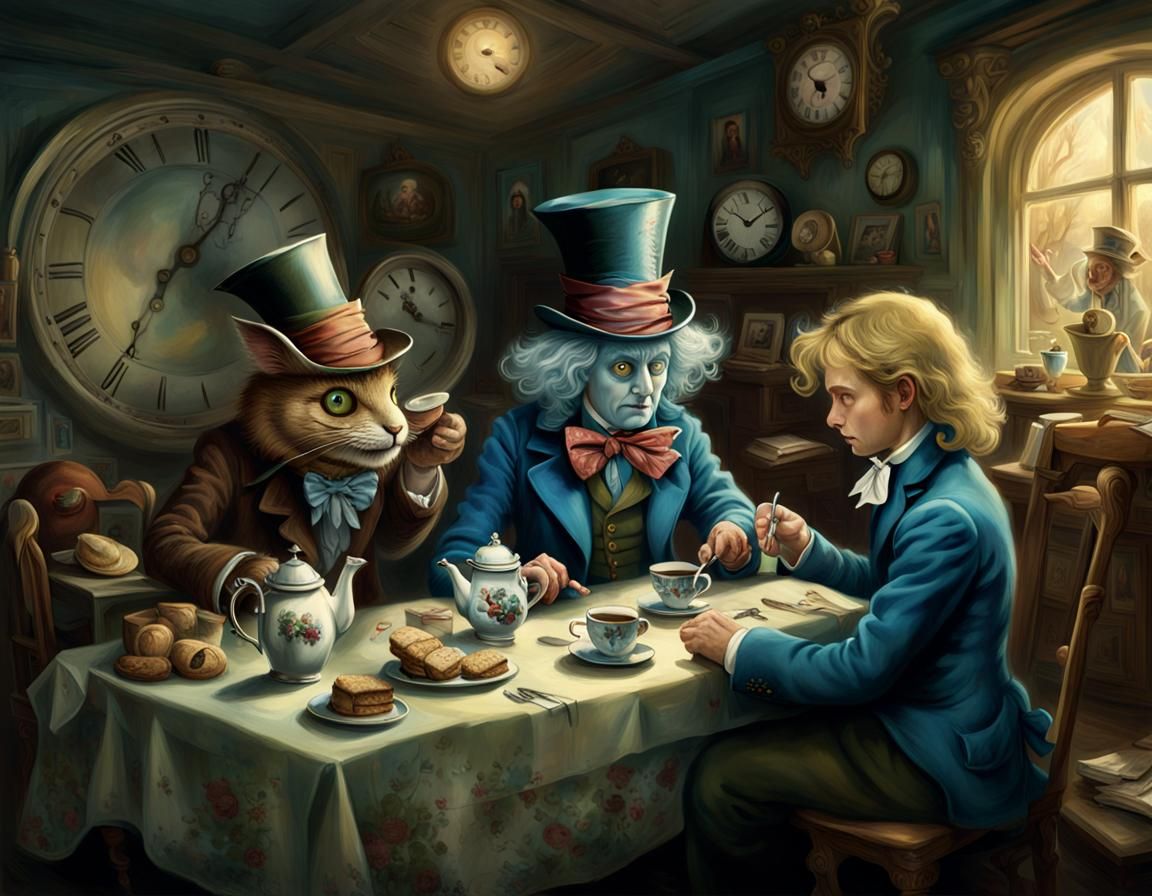 Alice in Pocket Watch with Mad Hatter's Tea Party