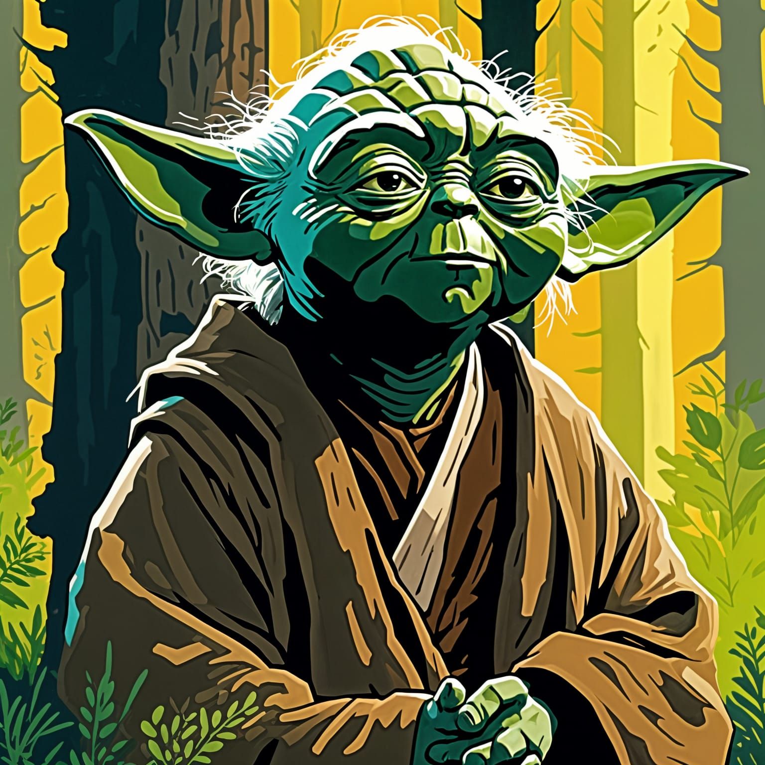 Yoda in Serene Forest, Screen Print Style