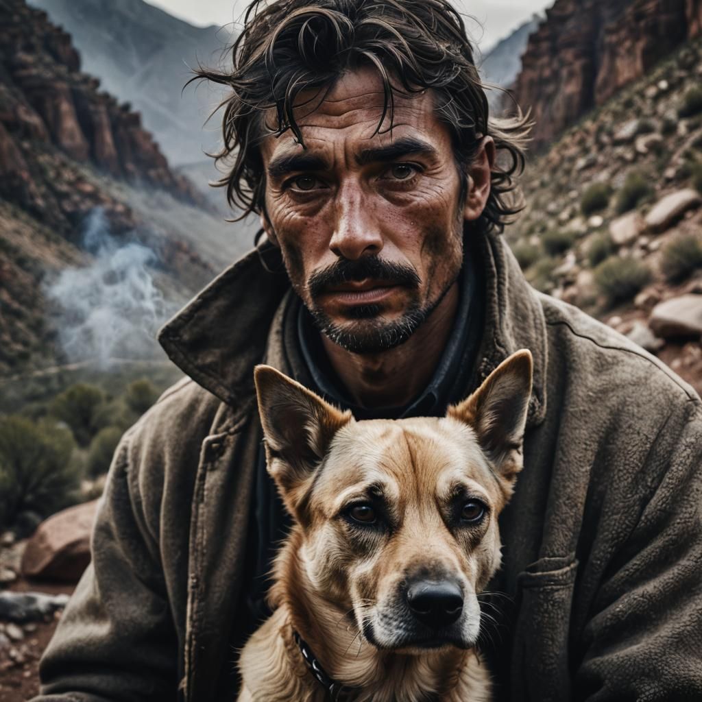 Smokey Portrait of Man and Dog in Arizona