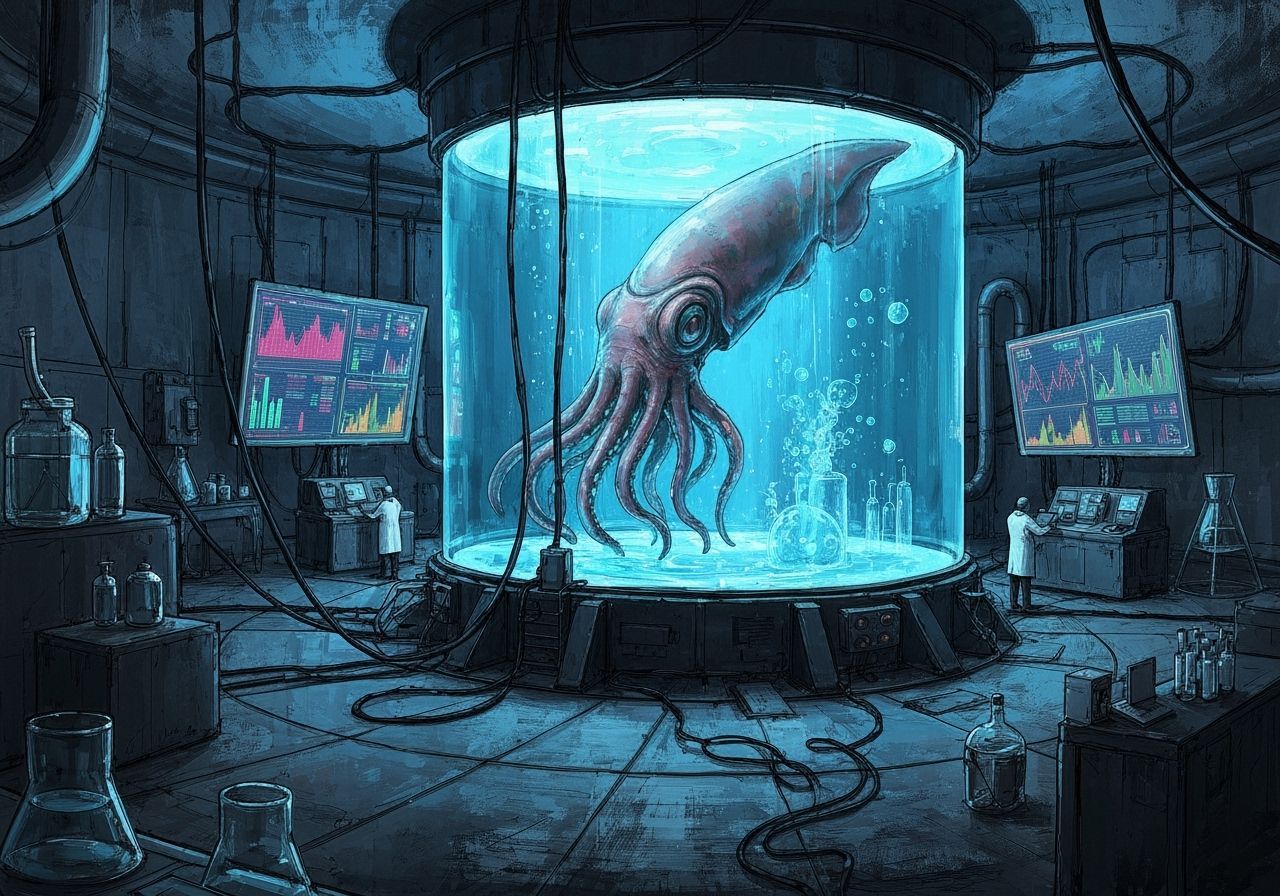 Alien Squid in Bioluminescent Tank: Sci-Fi Art