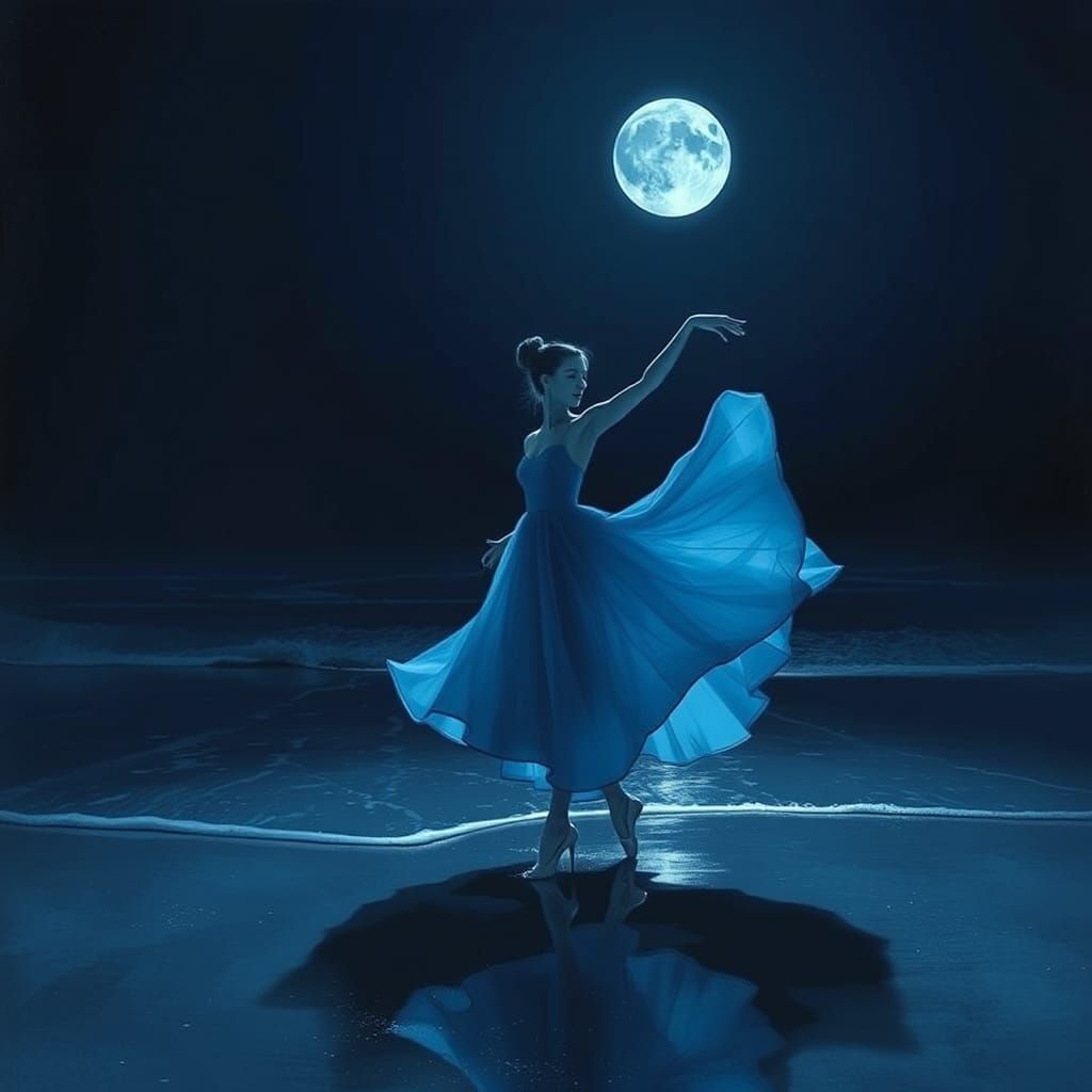 Monochromatic Ballet Dancer on Moonlit Shore