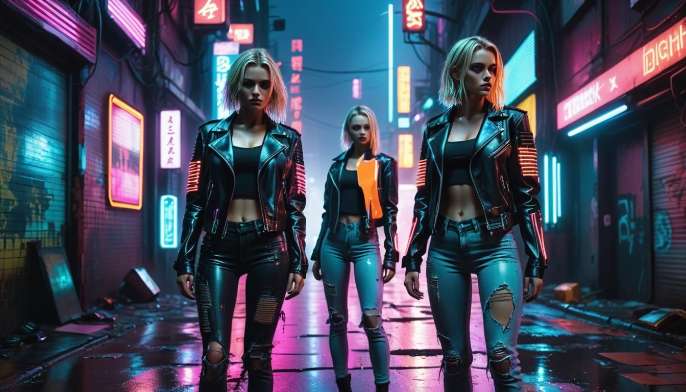 Cyberpunk Girl in Neon Alley at Twilight