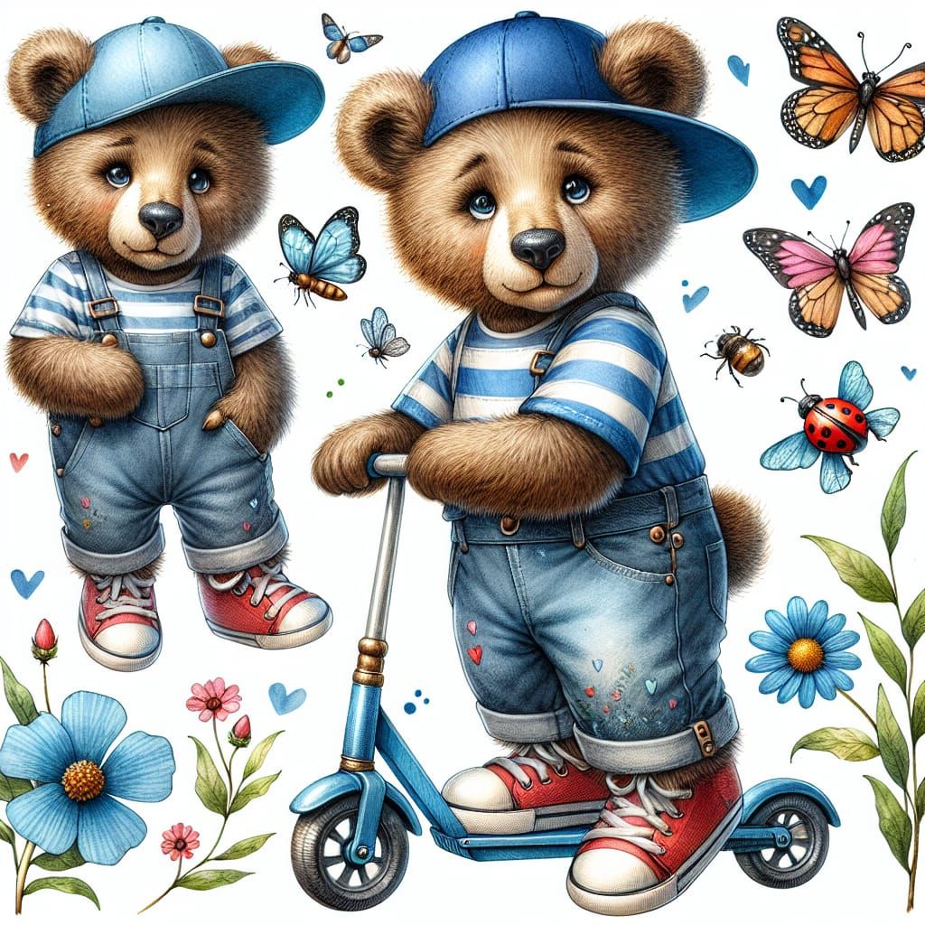 Whimsical Bear on Scooter Amidst Floral Splendor