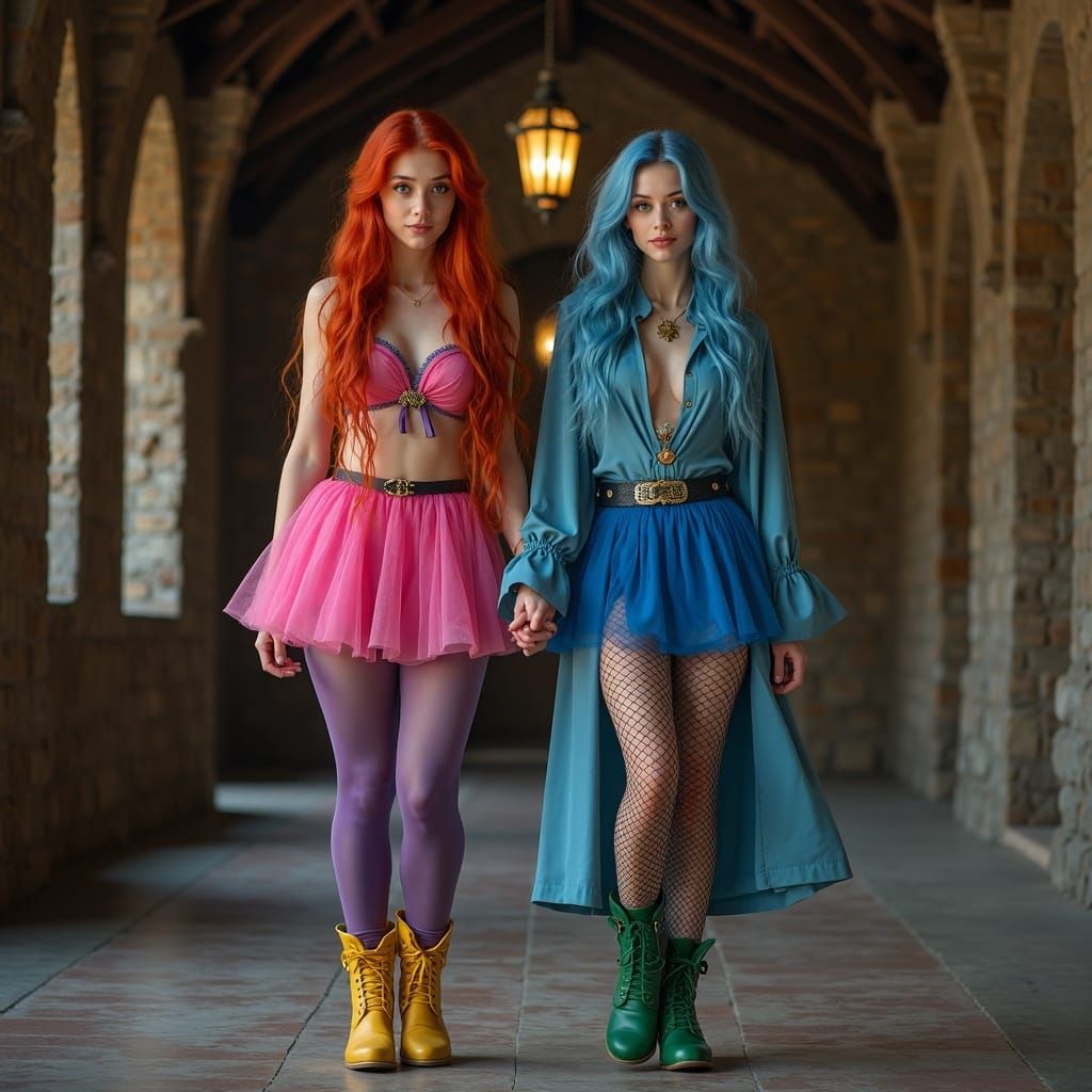 Punk and Gothic Women in Medieval Castle Hall