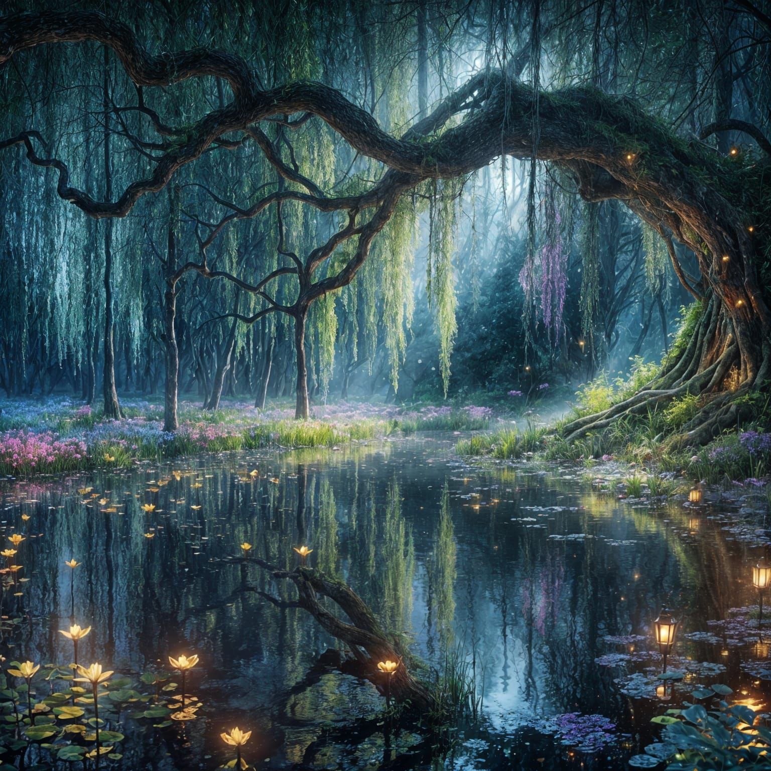 Magical Swamp Under Weeping Willow in Hyperrealistic Style