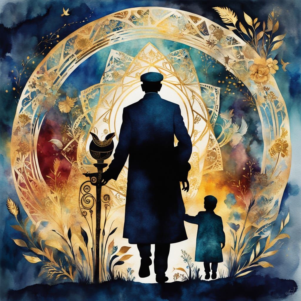 Jewish Father and Son Torah Double Exposure Watercolor