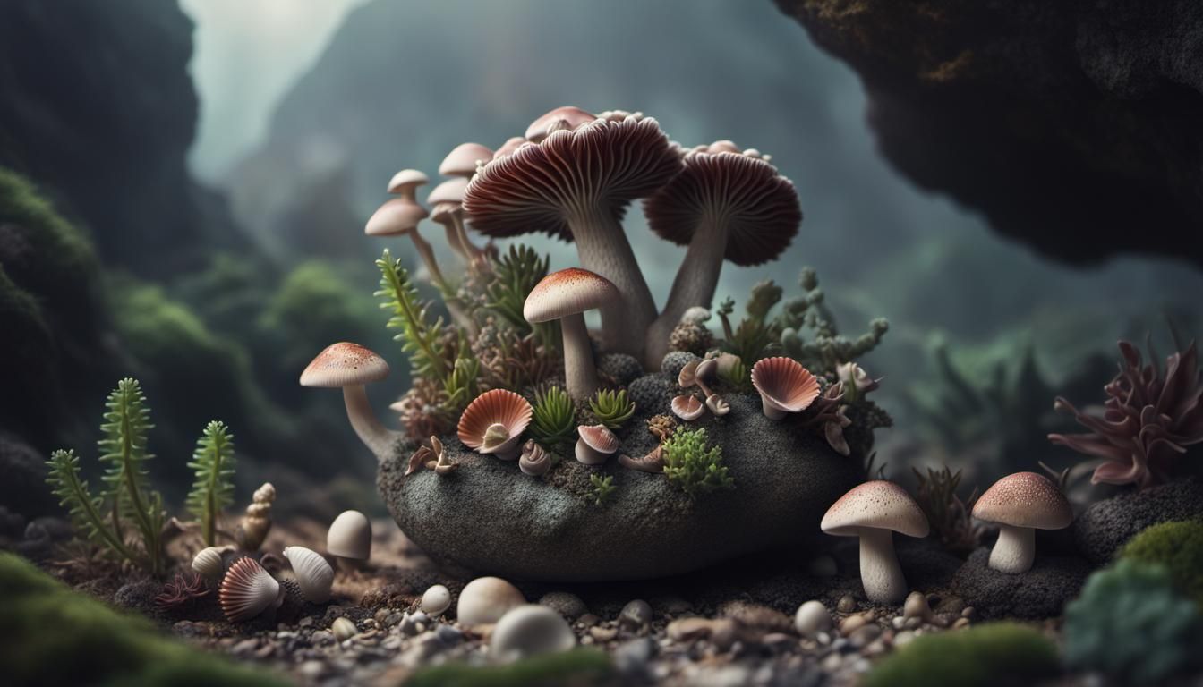 Succulents and Mushrooms in Detailed Digital Painting