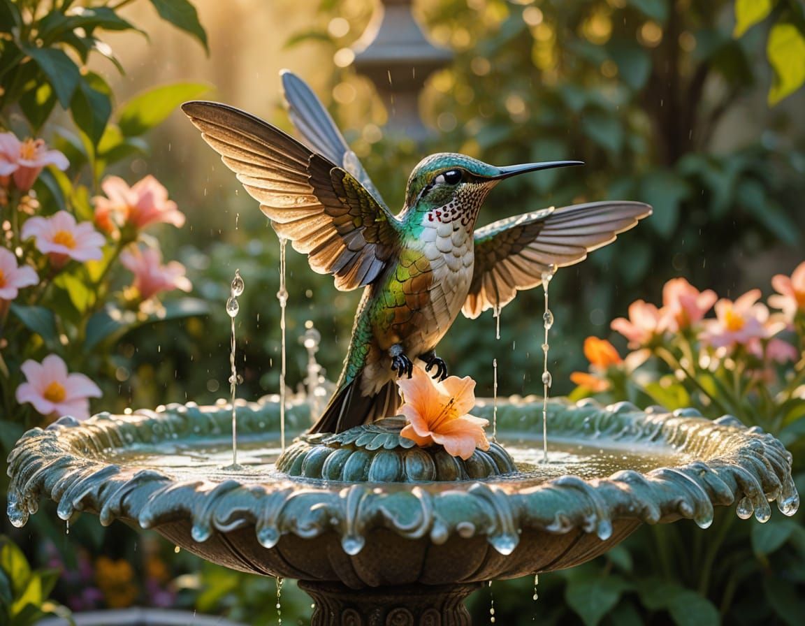 Hummingbird at Baroque Fountain in Golden Light