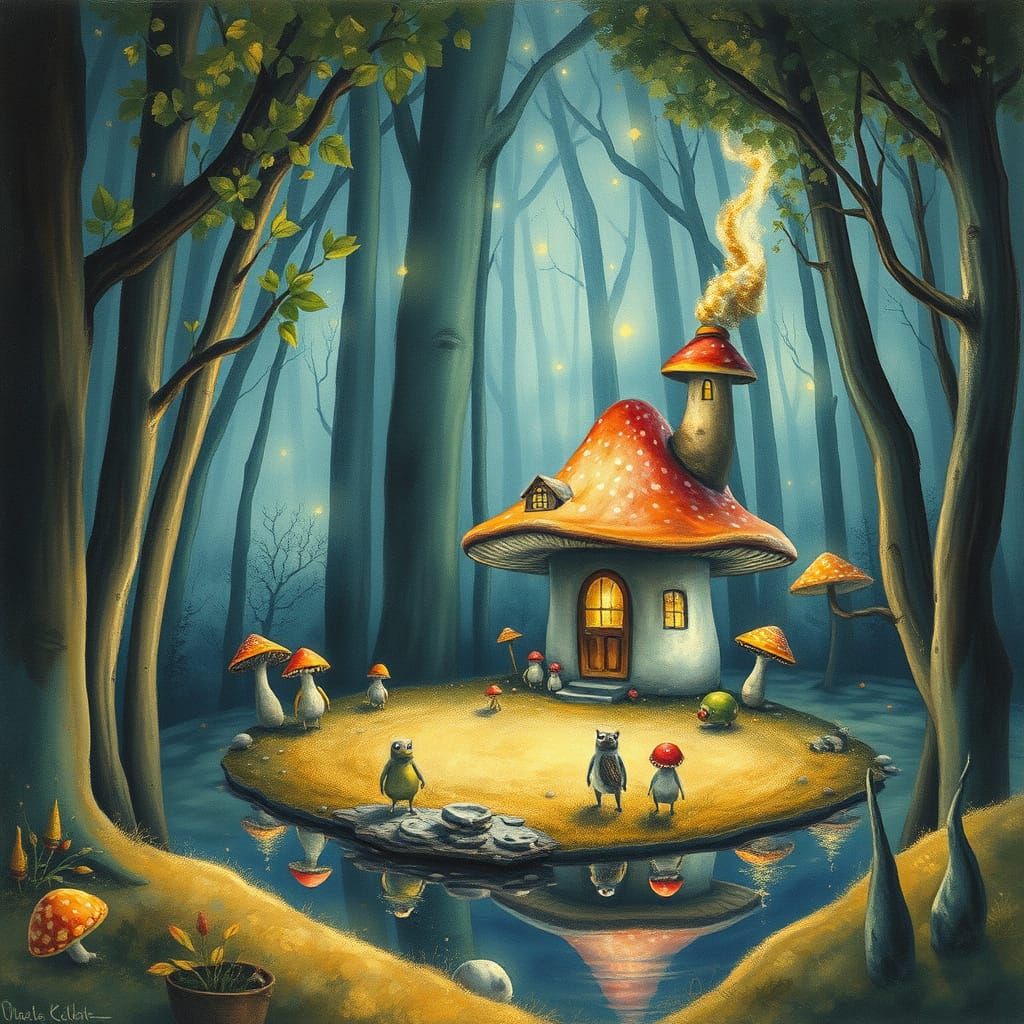 Surreal Watercolor Landscape of Glowing Mushrooms in an Ench...
