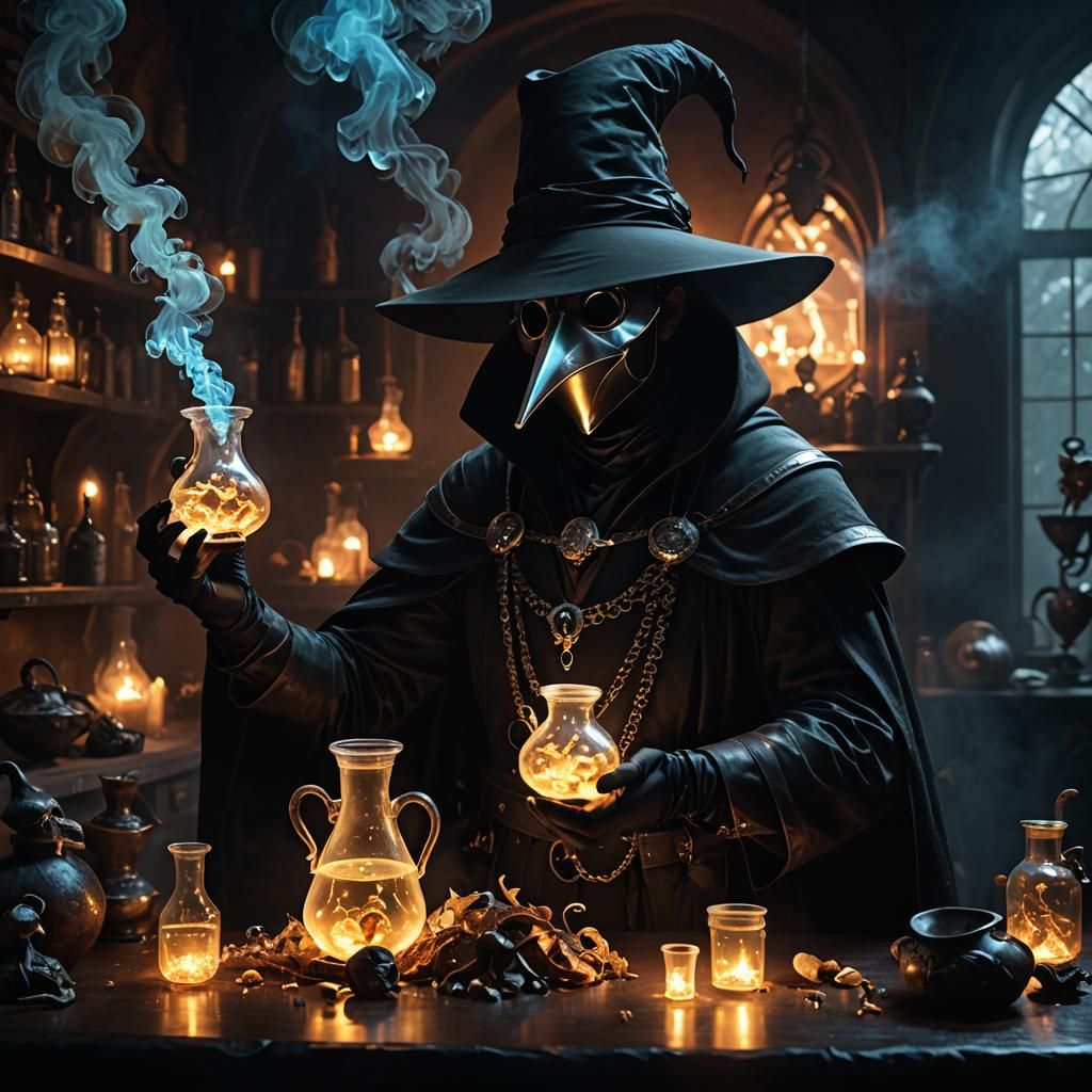 Tiefling Alchemist Mixing Poison in Opalescent Light