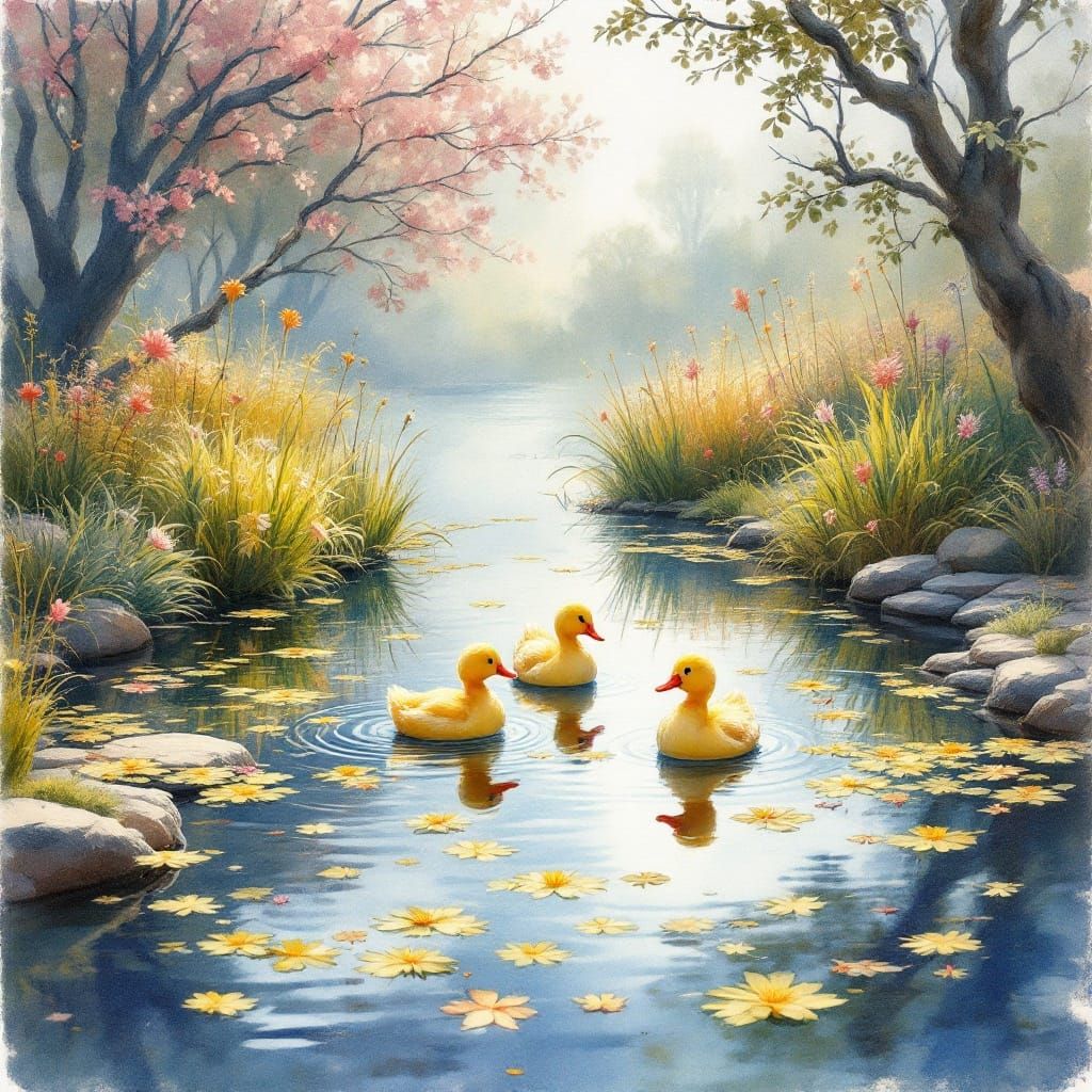 Watercolor Wonderland: Tiny Duck Pond Scene in Vibrant Detai...