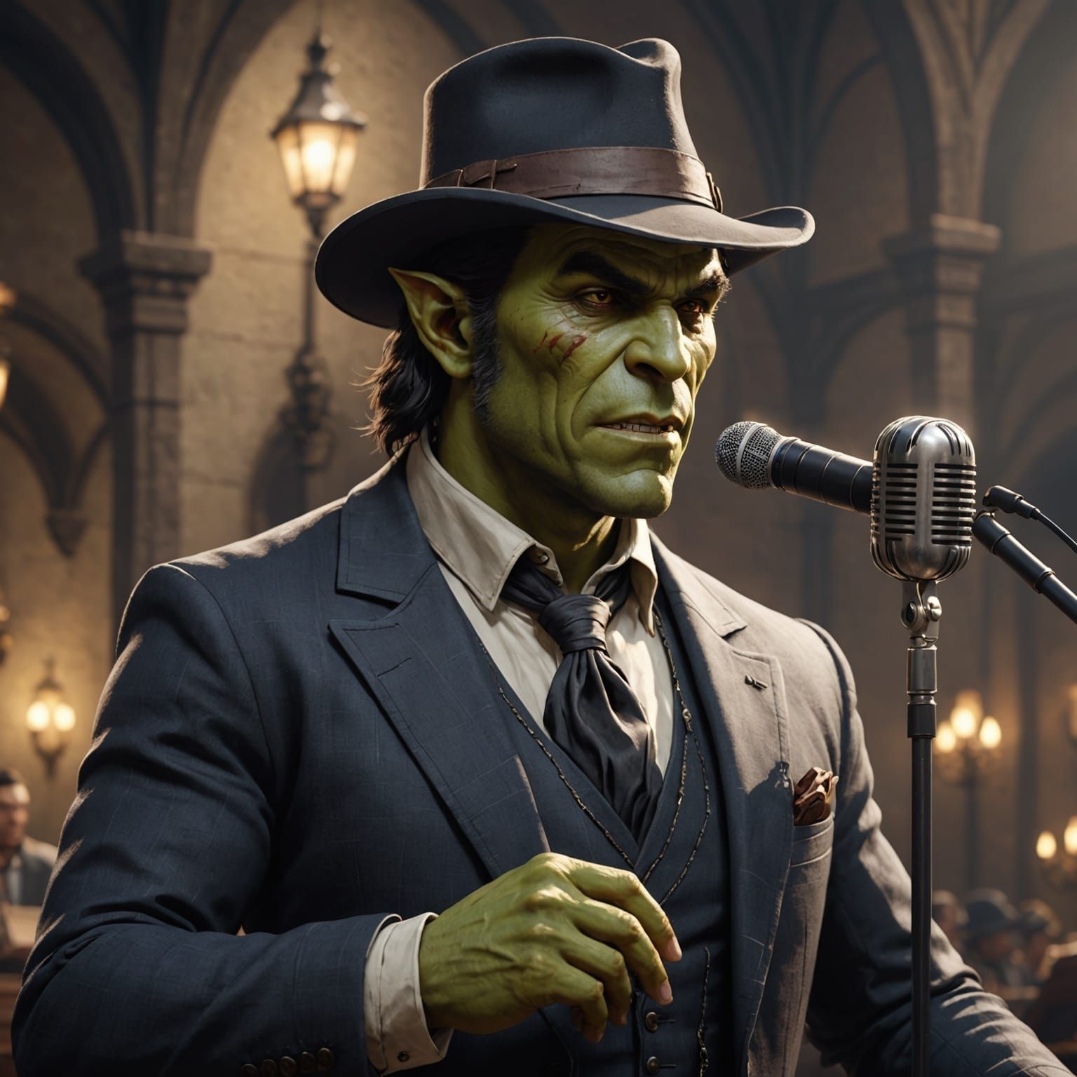 Elegant Half-Orc Bard Performs with Sophisticated Flair
